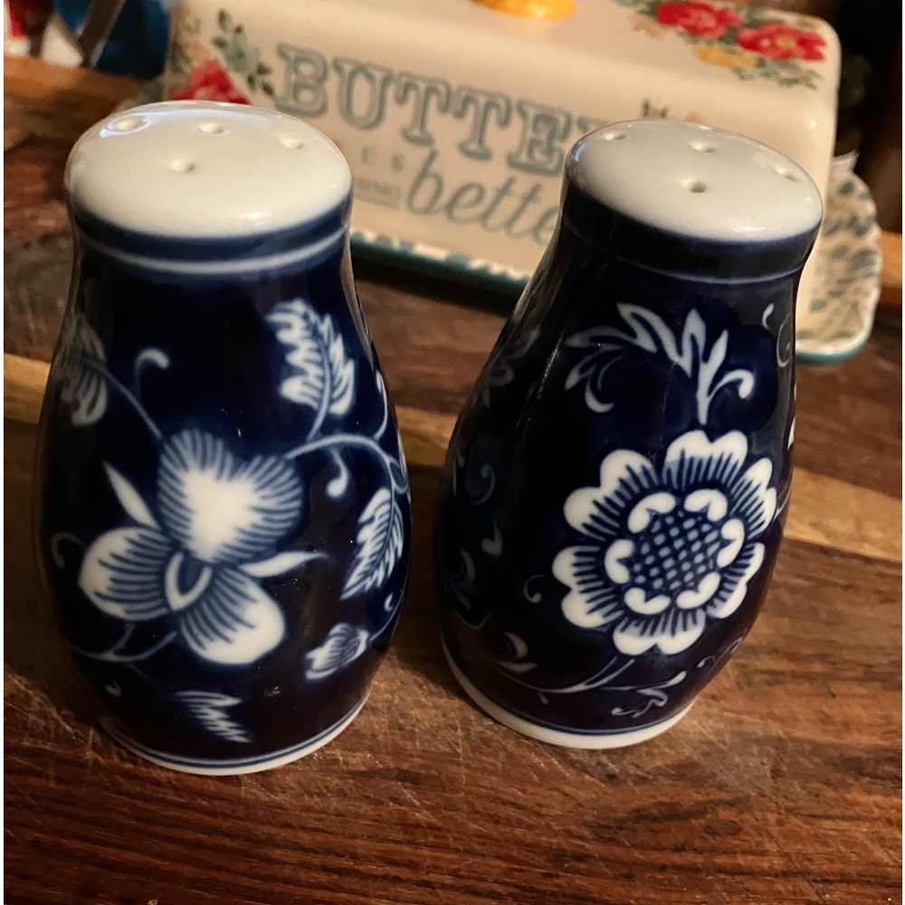 Pier One Imports Blue Salt And Pepper Shakers Flowers Leaves